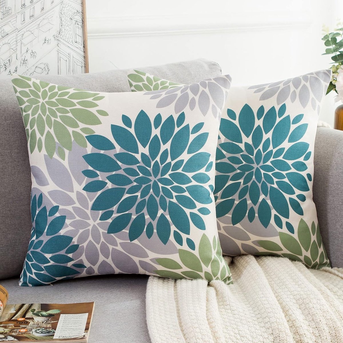 Kussensloop 50 x 50 cm - blauwgroen en grijs - bloemenprint - ideaal voor buiten en binnen - ShopVlot