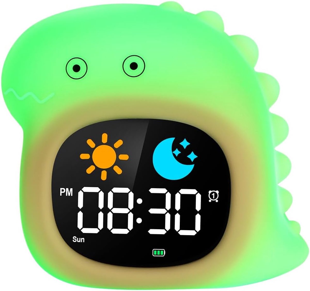 Digitale Wekker Kinderen, Kinderwekker Slaaptrainer, Kinderwekker met Snooze-Functie, Wekker Met Licht, 6 Natuurlijk Geluid Zonsopgang Wekker, Wakker Licht met 8 RGB Kleuren, Cadeaus, Dinosaurus