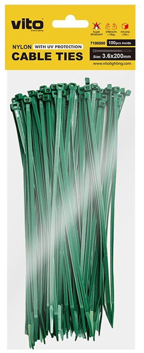 VITO Kabelbinder 3.6x200mm - Groen - Met UV-bescherming - 100 stuks - Kunststof Kabelklem voor buiten en binnen montage