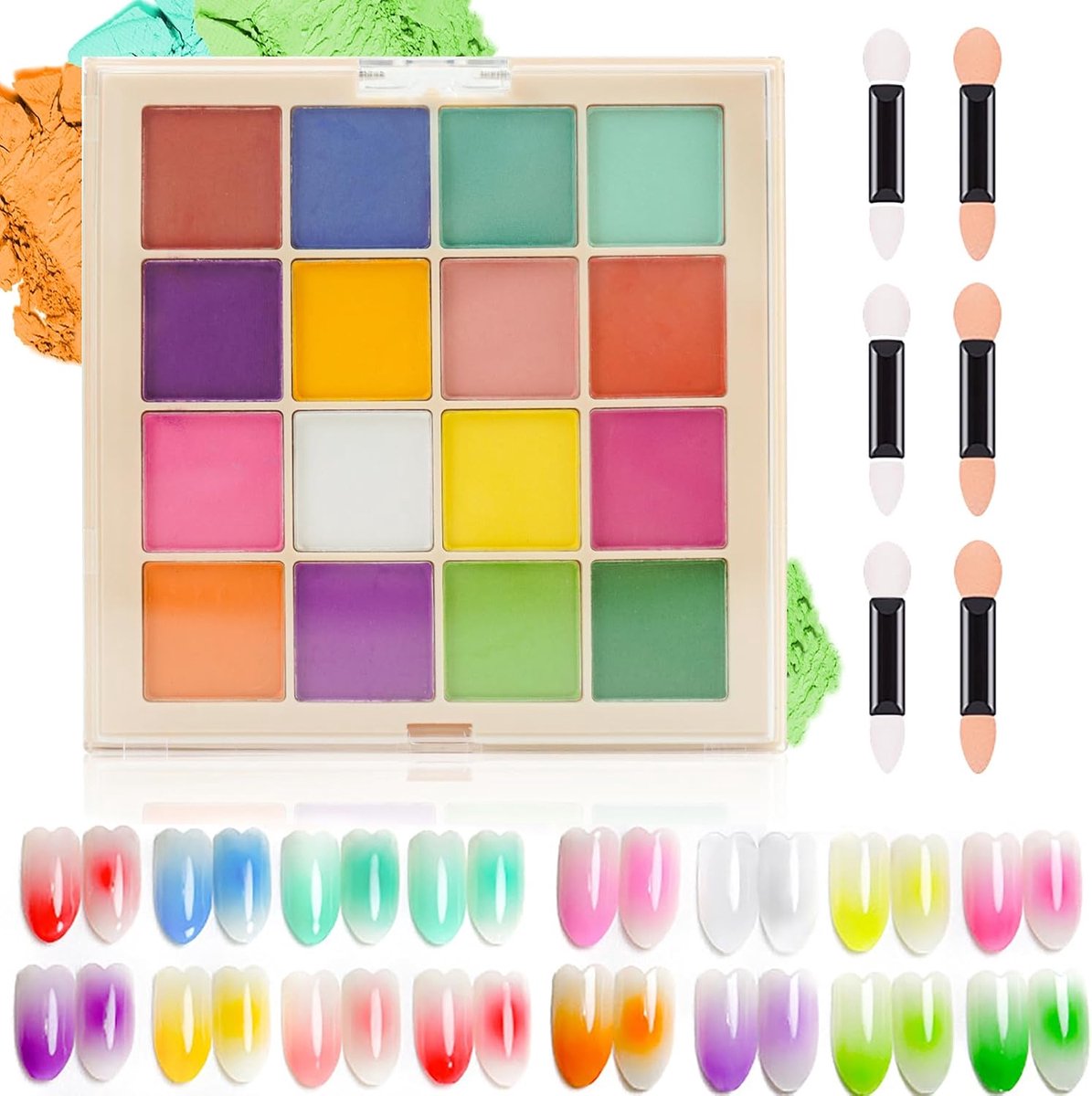 Nail Pigment Powder Palette, 16 kleuren pigmentpoeder voor nagels, perfect nageldesign met ultrafijn poeder, inclusief 6 sponsstokjes, C