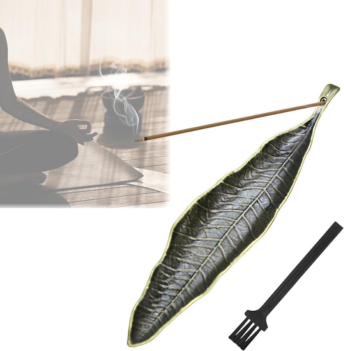 Wierookstokjeshouder van metaal met bladeren en reinigingsborstel voor thuis, kantoor en meditatie, perfect voor ontspanning en sfeer