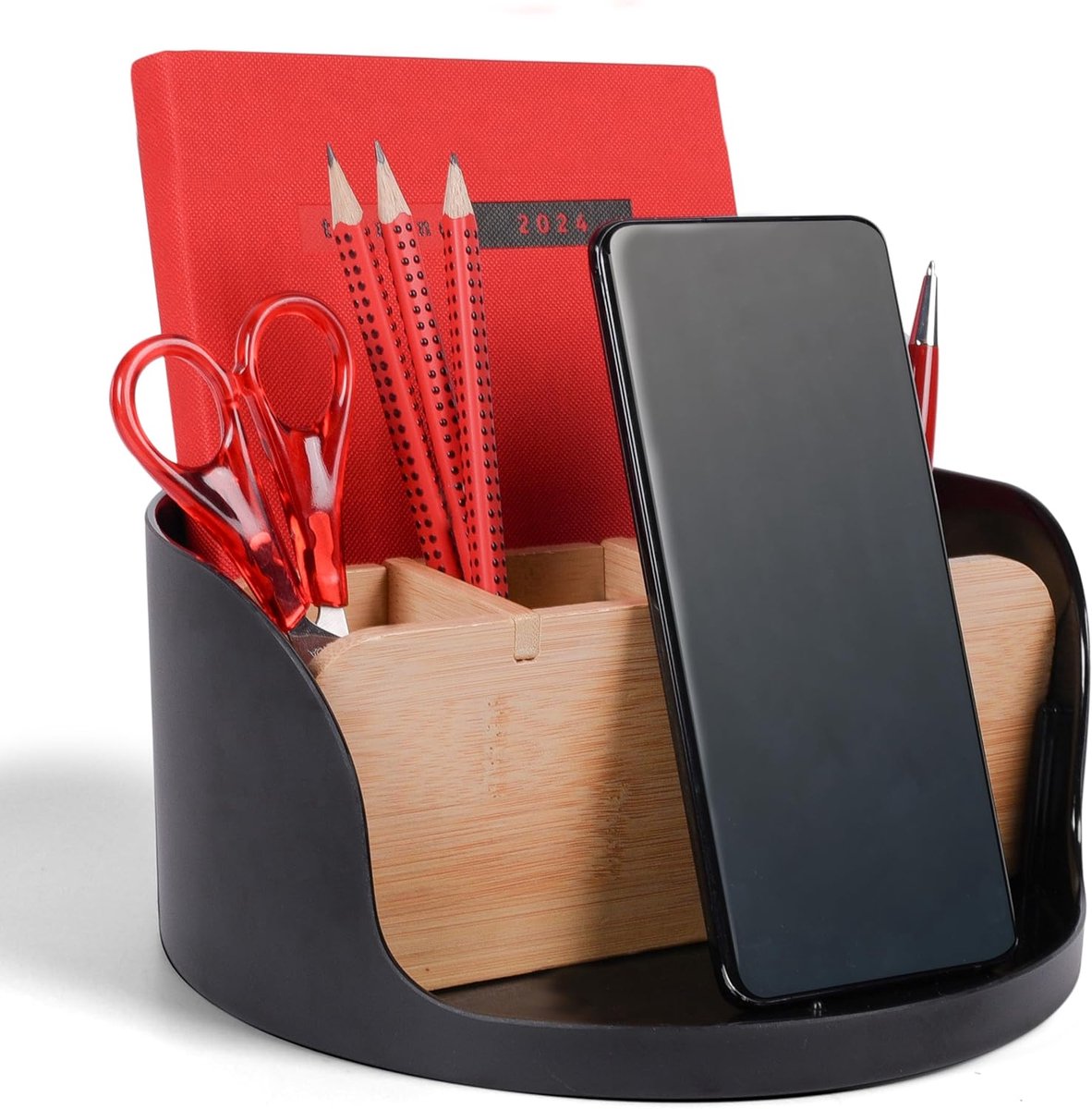 SnelShoppen - ECO Desk Organiser, Tafel Organizer voor Kantoor en Cosmetica, Mobiele Telefoon en Tablet Houder, Pennenhouder, Briefbakje, Zwart Rond,