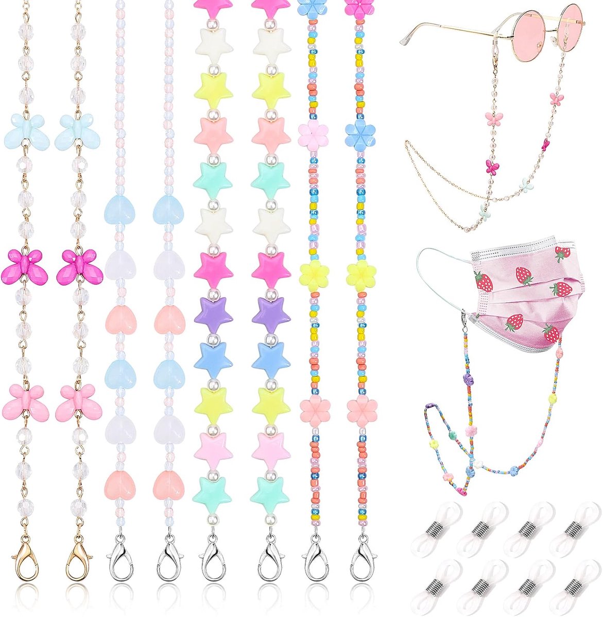 4 stuks brillenkoord voor kinderen, oorbellen, gezichtshouder, kralen, ketting, zonnebril voor zonnebril of sport, voor jongens en meisjes, Eén maat.