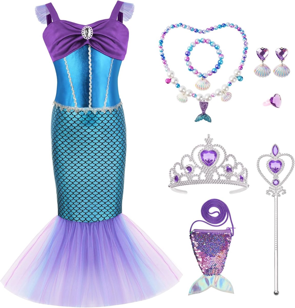 set met blauwe zeemeerminkleding voor meisjes, prinsessenkostuums met kroon, toverstaf, vissenstaarttas, verkleedoutfit voor meisjes tijdens Halloween, cosplay, met lovertjes