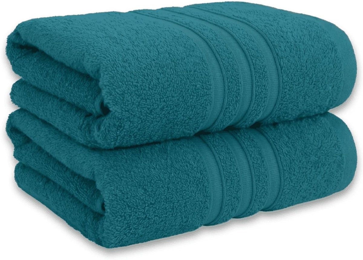 Premium Set van 2 douchehanddoeken, 100% katoen, absorberende en duurzame douchehanddoeken, afmetingen 70 x 140 cm, petrolblauw
