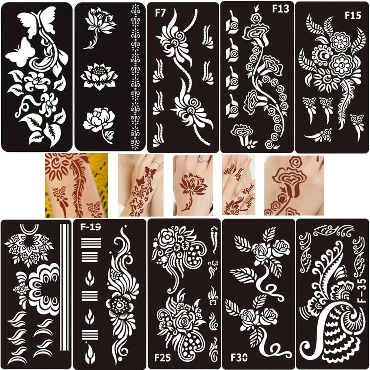10-delige Henna Tattoo Kit, Henna Stencil, Stencils voor handen, vlinder, bloem, geometrie, herbruikbaar, voor handen, verjaardagen, Halloween, Kerstmis, dansen (18,5x9,5)
