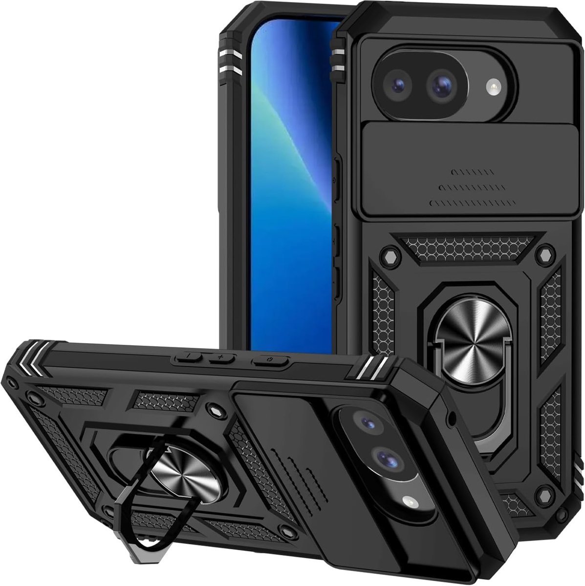 Beschermhoes voor Google Pixel 10a met camera-afdekking en standaard, schuifdeksel voor de camera + 360 graden ringhouder, schokbestendig, zwart