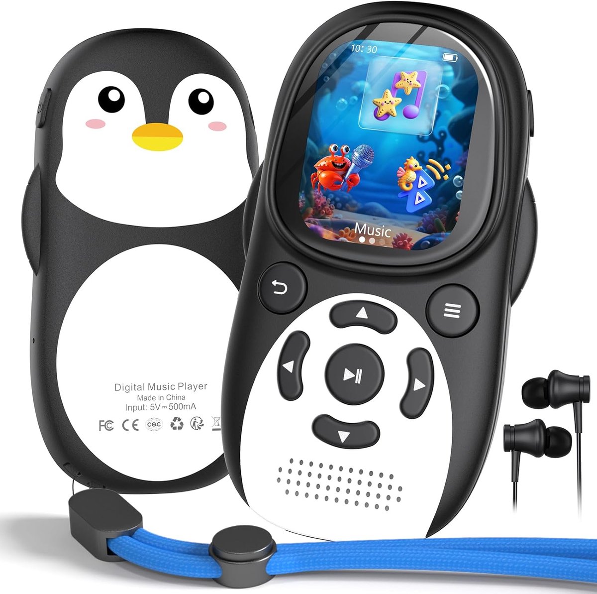 MP3-speler Kinderen, Bluetooth 5.3 Luidspreker Pinguïn Design Draagbare Muziekspeler met 2" IPS-scherm, FM-radio, Spraakrecorder, Wekker, Uitbreidbaar tot 128GB