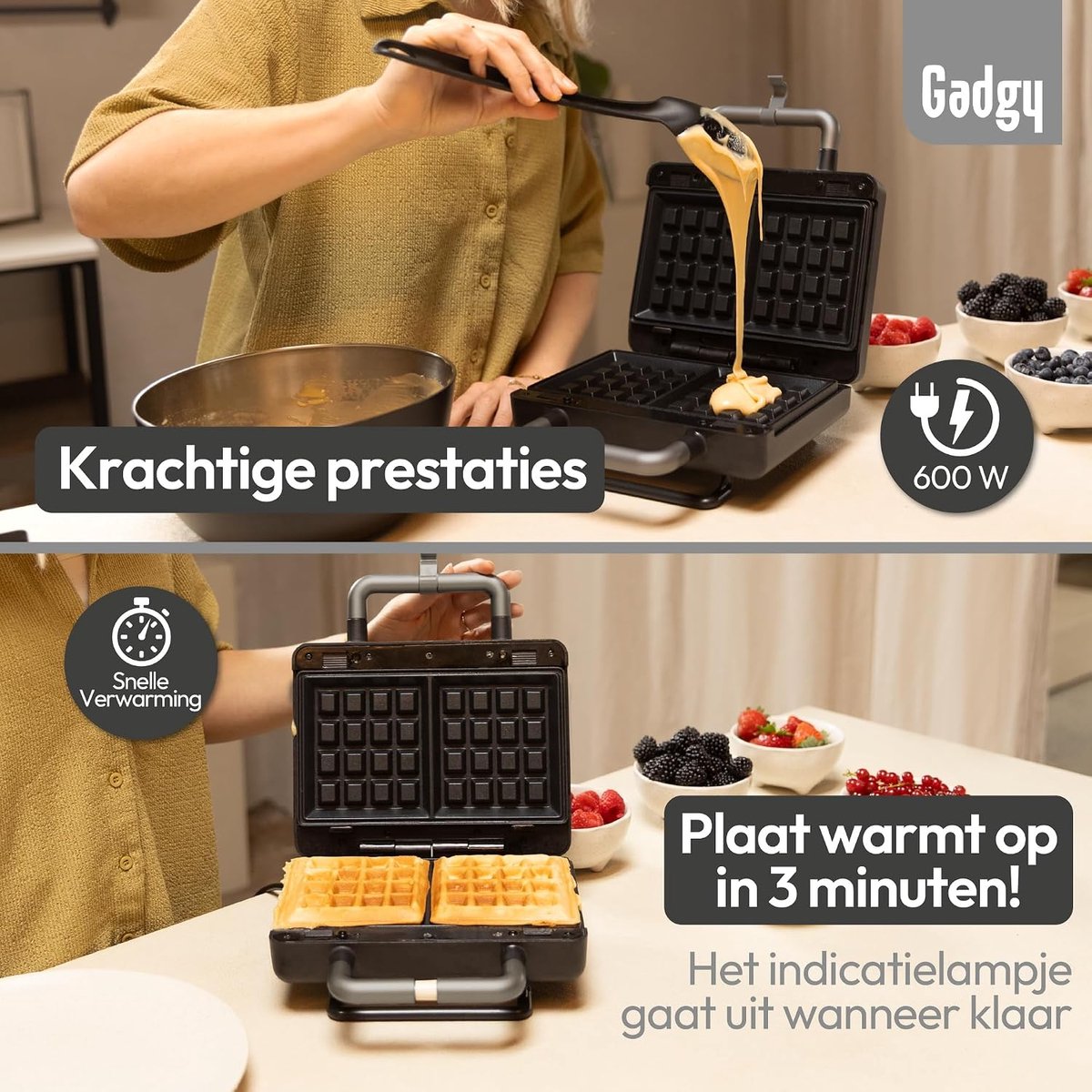 2-in-1 Wafel- en Sandwichmaker 800W – Afneembare Non-Stick Platen – Thermostaat – Cool-Touch Handvat – Controlelampjes – Verticale Opslag – Mat Zwart/Zilver – Antislipvoetjes