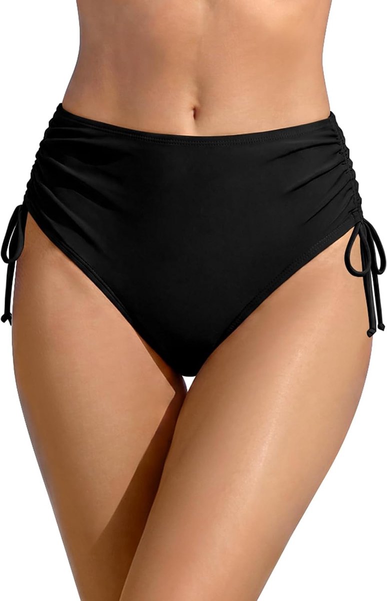 Dames Mid-Rise Bikinibroekje Sexy Zwemslips Retro Ruched Style Swimwear Bottoms (XL, Zwart C)
