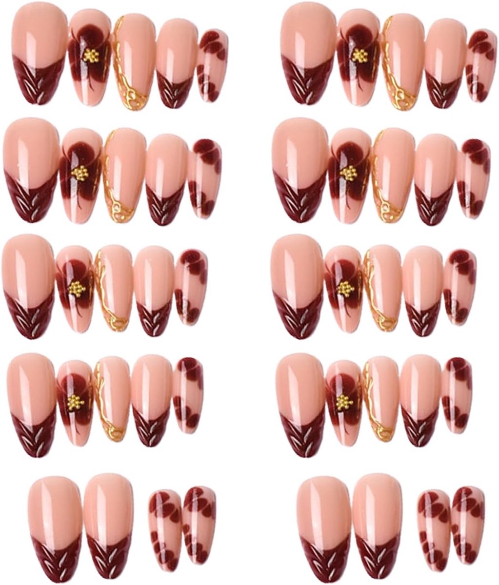Doonail-s druk op nagels startset, druk op nagels Almond, Doonail-s druk op extra korte nagels, D-gouden gestreepte parel ontwerp, 30 nagelset, zonder UV-licht (kunstbloemen)