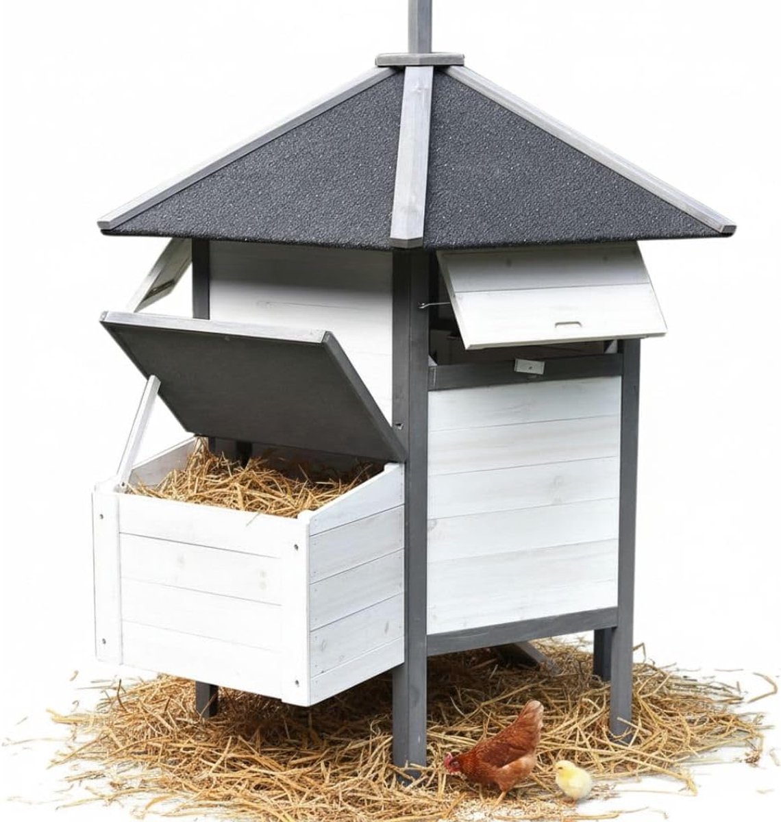 kippenhok, wit/grijs, 6-hoekig kippenhuis, 131 x 125 cm, kippenvolière met waterdicht dakvilt, inclusief nest voor 5-8 kippen