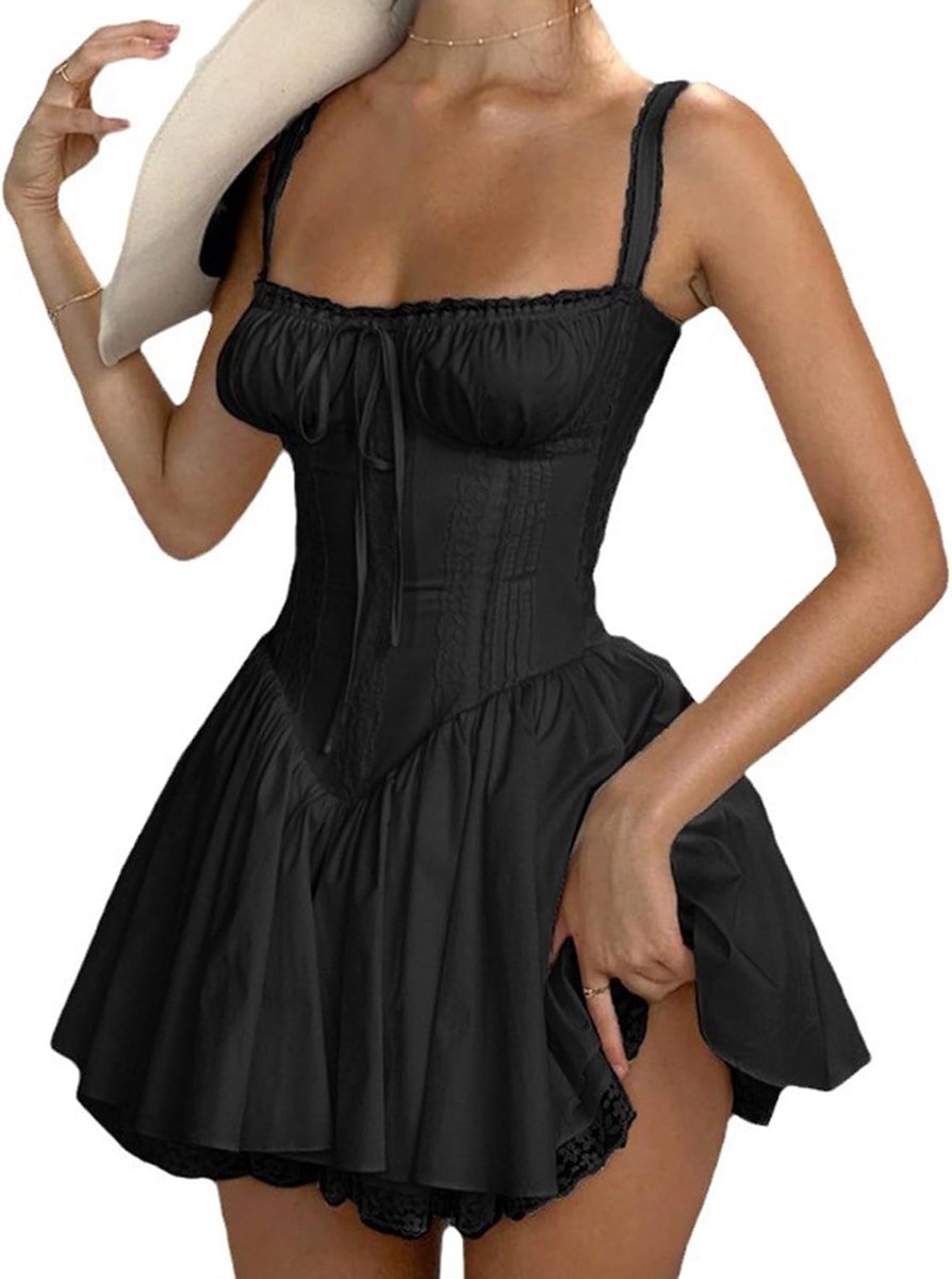 xxxiticat Dames mini-jurk mouwloos vierkante hals hoge taille vetersluiting sexy rugloze Y2K Goth Grunge jurk