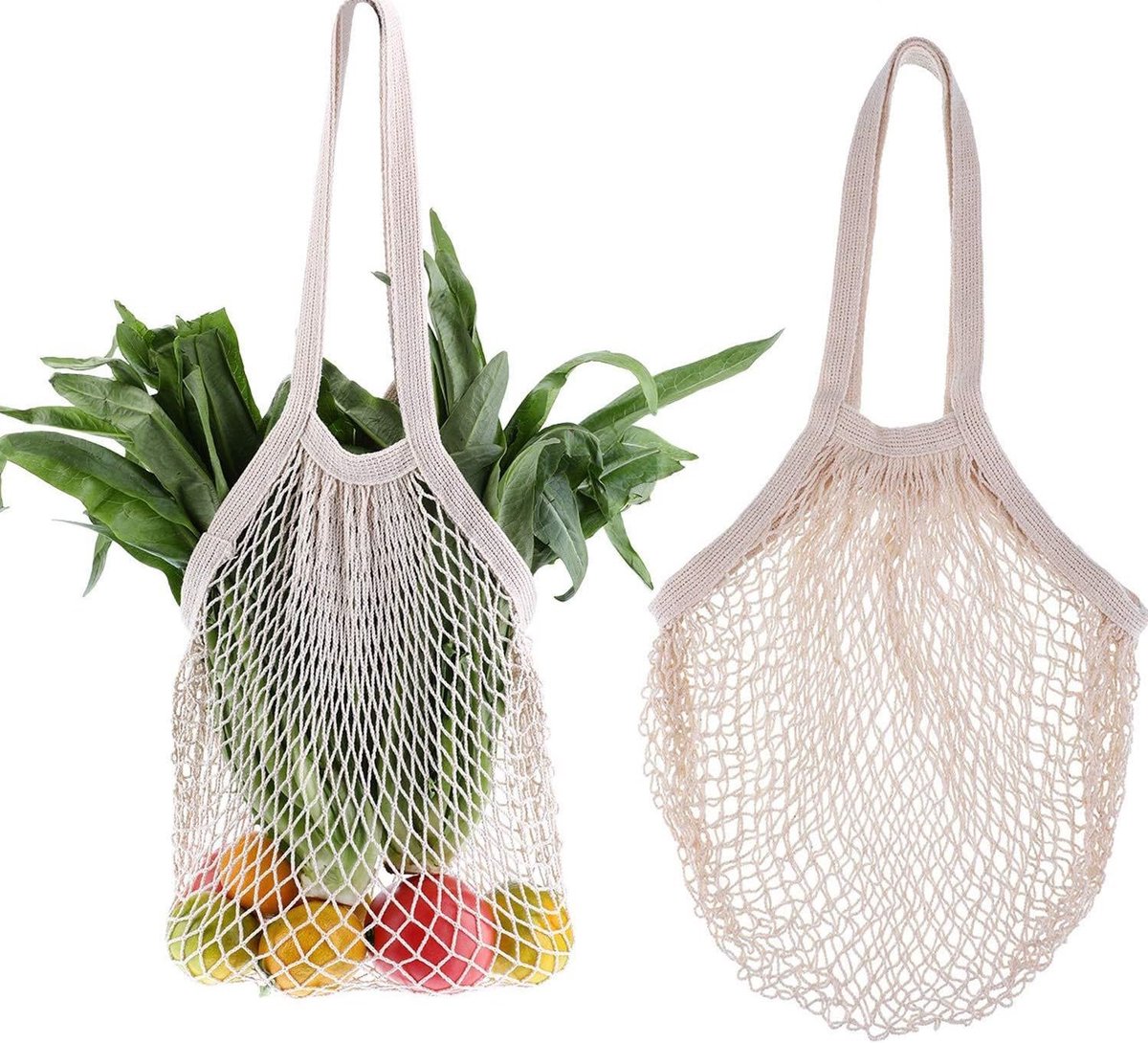 2 Stuks Mesh Boodschappentassen Katoenen Koord Beige Voor Groente En Fruit
