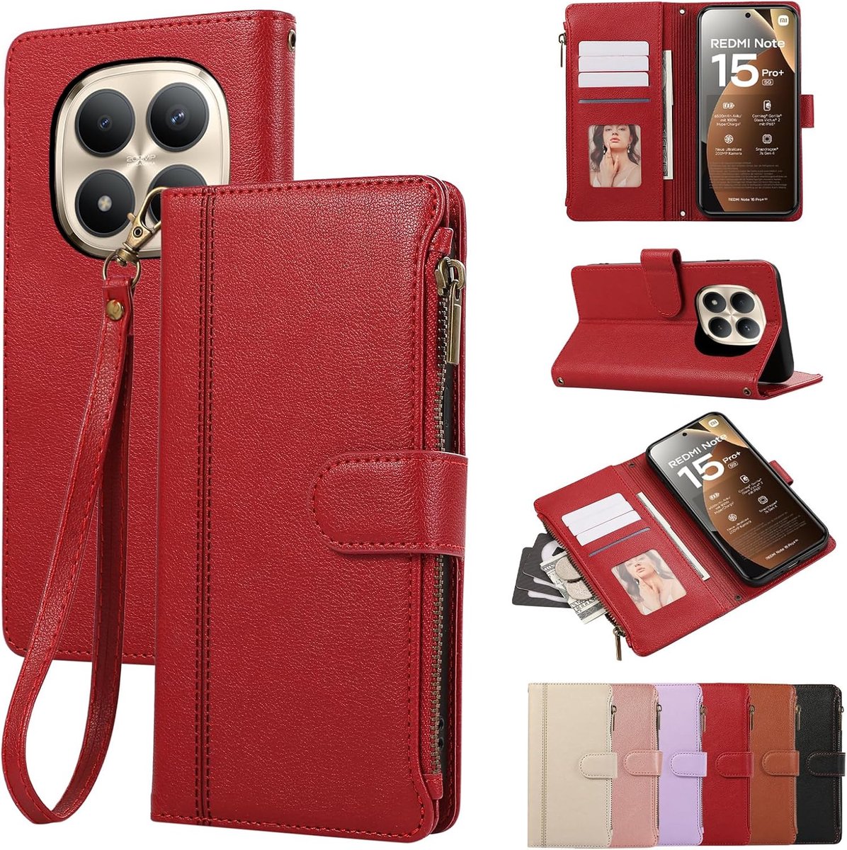 Beschermhoes voor Xiaomi Redmi Note 15 Pro+ 5G 2025, lederen beschermhoes, ritssluiting, portefeuille, met 4 kaartvakken, standaard, retro beschermhoes Redmi Note 15 Pro+, rood