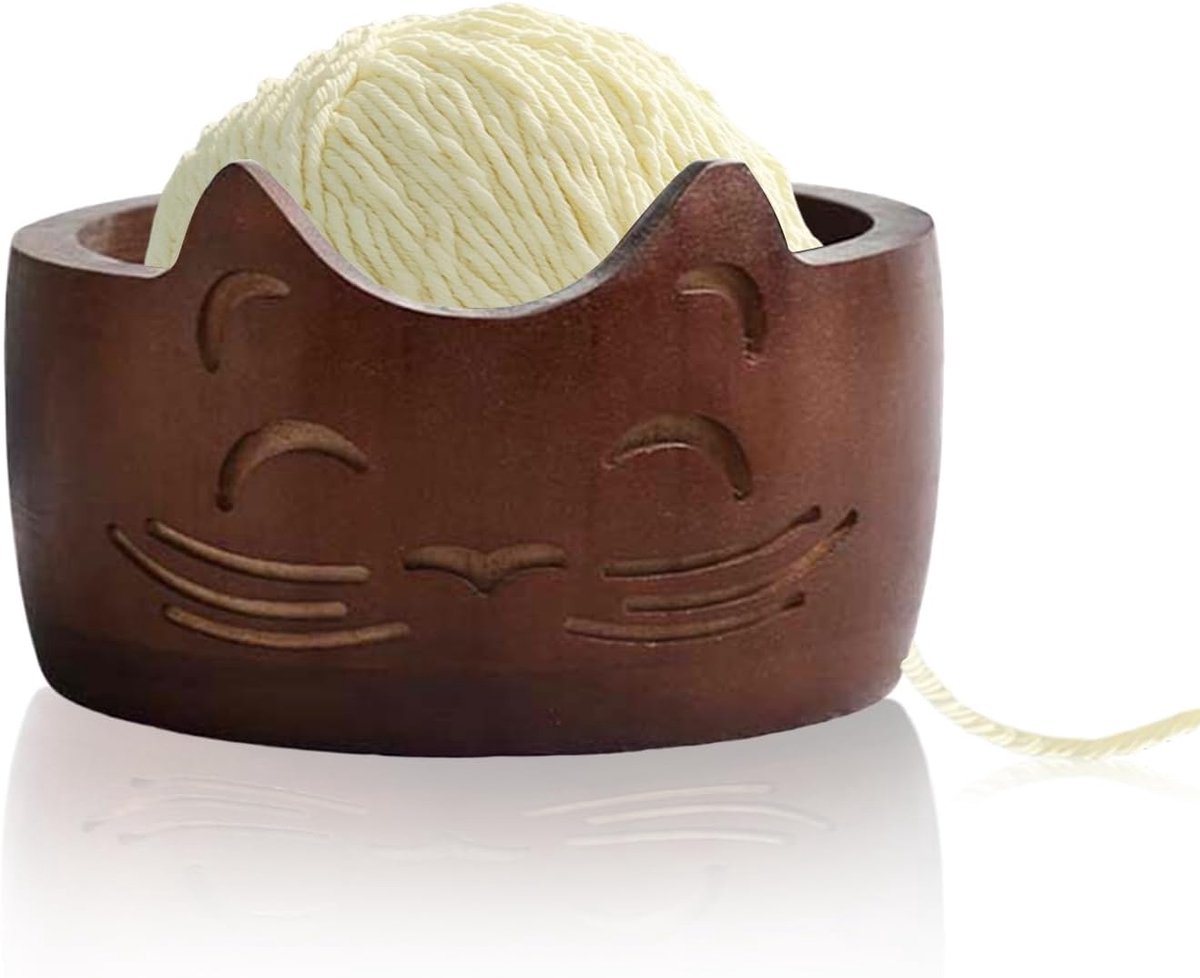Garen Komhouder, 6,5 Inch Garenkom met Kattengezicht Wolkom, Garenopslag met Gesneden Gaten voor Breien Haken Voor Thuis Haak Accessoires