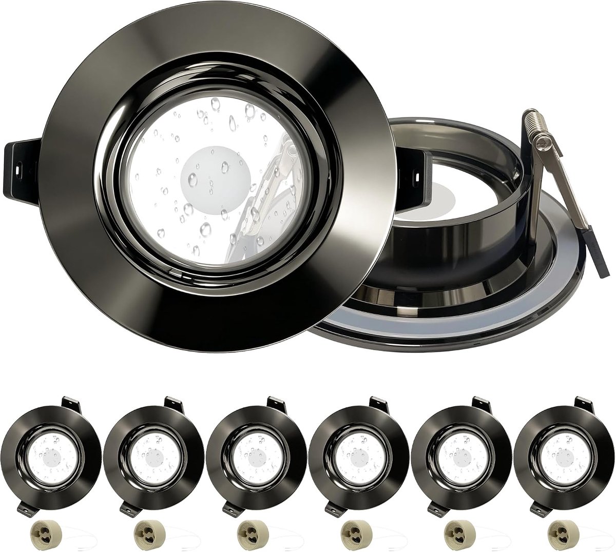6 x Inbouwspots GU10 Set, IP65 Waterdicht Aluminium LED Inbouwframe met GU10 Fitting, Niet-Verblindend Inbouwspot Frame Gatmaat Ø65-75mm, Antracietgrijs Rond Plafondspot Frame voor Buiten
