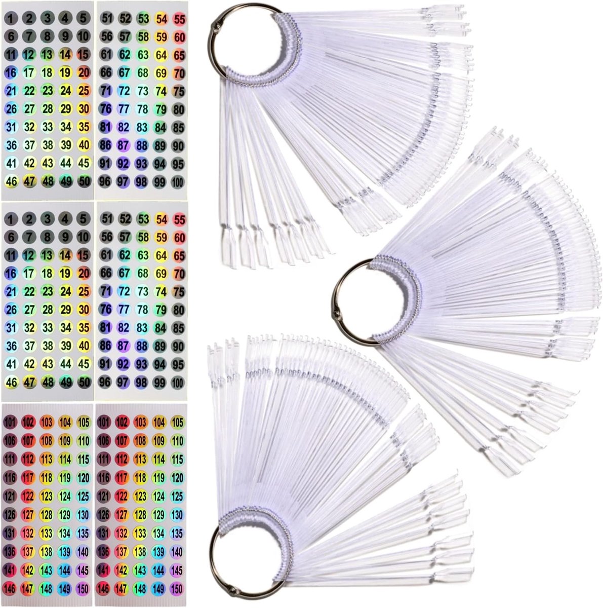 150 stuks nageldisplay met ring en nummerstickers 1-150