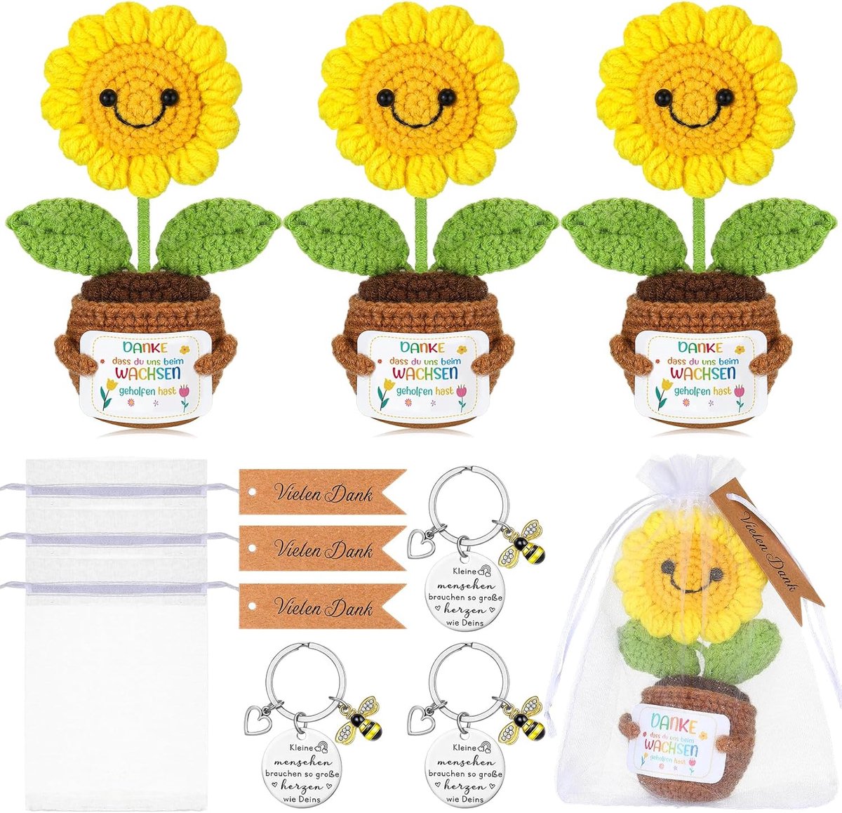 3 Bedankcadeausets voor Leerkrachten en Pedagogen Danke, Dass Du Uns Beim Wachsen Positieve Zonnebloempop met Bedankkaartje, Sleutelhanger, Tas met Cadeaulabel