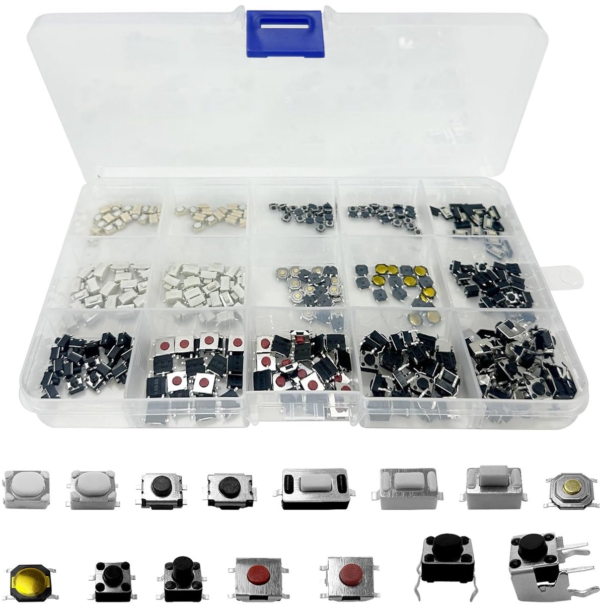 300 stuks Tactiele Drukknop Schakelaar Micro Schakelaar Tactiele Knop Assortiment Kit 15 Waarde Micro Schakelaars voor Auto-Afstandsbedieningsknop, met Kunststof Doos