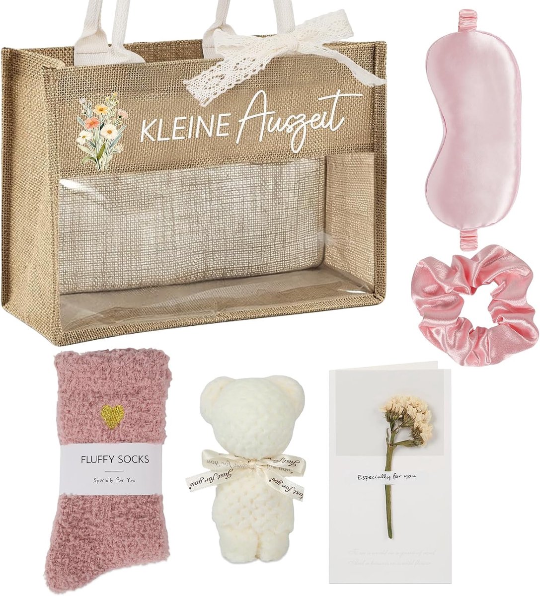 SnelShoppen - 7-delige wellness cadeaumand voor vrouwen, ontspanningsset met pluche sokken, handdoek, haarelastiek, slaapmasker en gedroogde bloemen v
