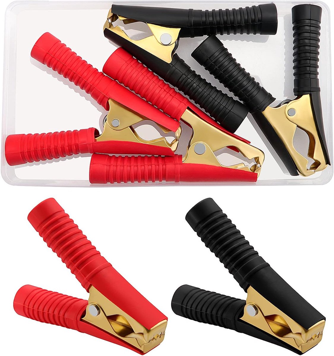 4 Stuks 100A De Klemmen van de autobatterij Alligator, Jump Lead Clamps, Op zwaar werk berekend Zuiver Koperen krokodillenklemmen, voor Auto (90mm, Rood + Zwart)