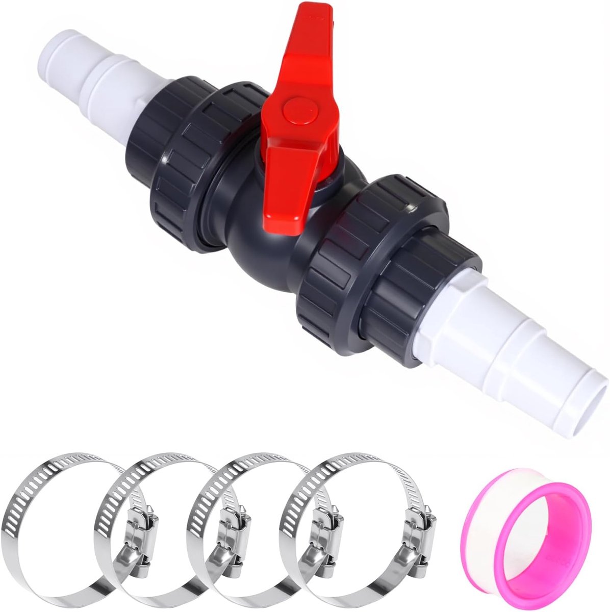 Kogelkraan met slangaansluiting PVC afsluitkraan zwembad afsluitventiel incl. 1 afsluitkraan 50 mm, 2 slangtuit 32-38 mm, zwembadslang connector zwembadadapter zwembadventiel kogelventiel