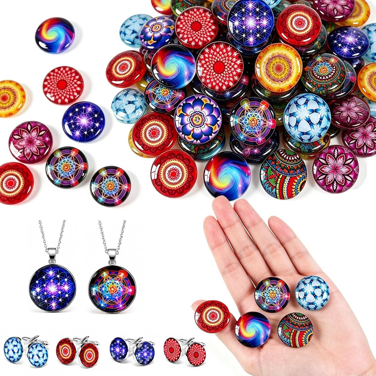 150 stuks kleurrijke decoratieve stenen, 14 mm, decoratieve glazen stenen, patronen dekken caleidoscoop, decoratieve motieven, spiraaldesign, meer voor knutselen, sieraden maken