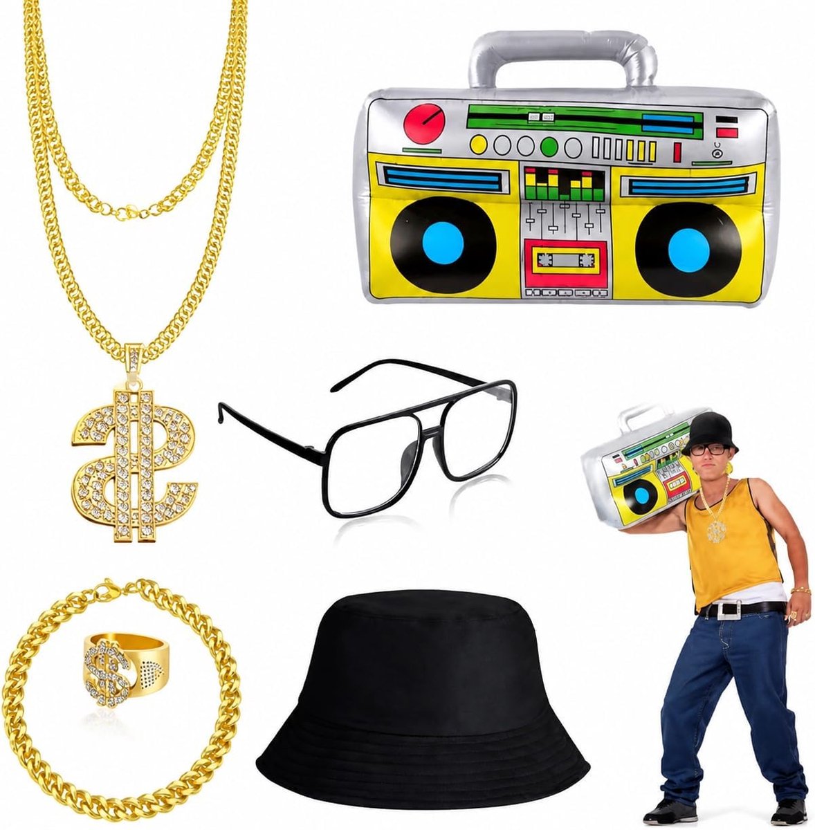 Gouden Dollar Ketting Set - Unieke Ring Bril Hip Hop Rapperaccessoires voor Carnavalsaccessoires en Themafeesten