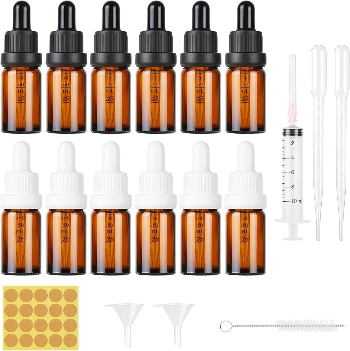 12-delige apothekersflessenset, 10 ml pipetfles, glazen fles met spuit, bruine glazen set met trechter, borstel