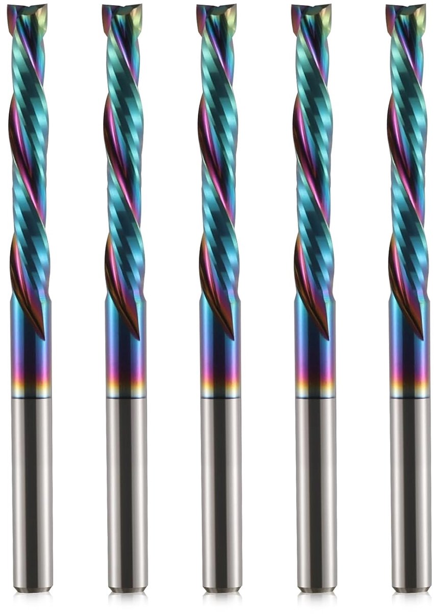 Spiraal-frees, op-neer-compressiefrees, 1/8 inch snijdiameter met DLC-coating, 1/8 inch schacht van volledig hardmetaal, CNC-frees voor houtsnijwerk, graveren en freeswerkzaamheden (5 stuks)