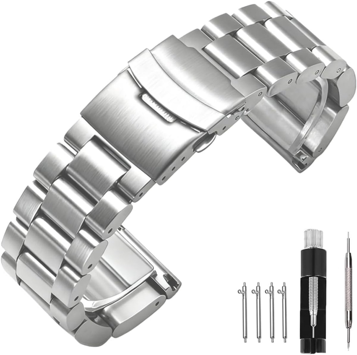 Tian Super Dikke Stevige Band 22Mm 24Mm 26Mm Premium Rvs Klassieke Stijl Armband Met Dubbele Deployment Gesp Zwart Zilver