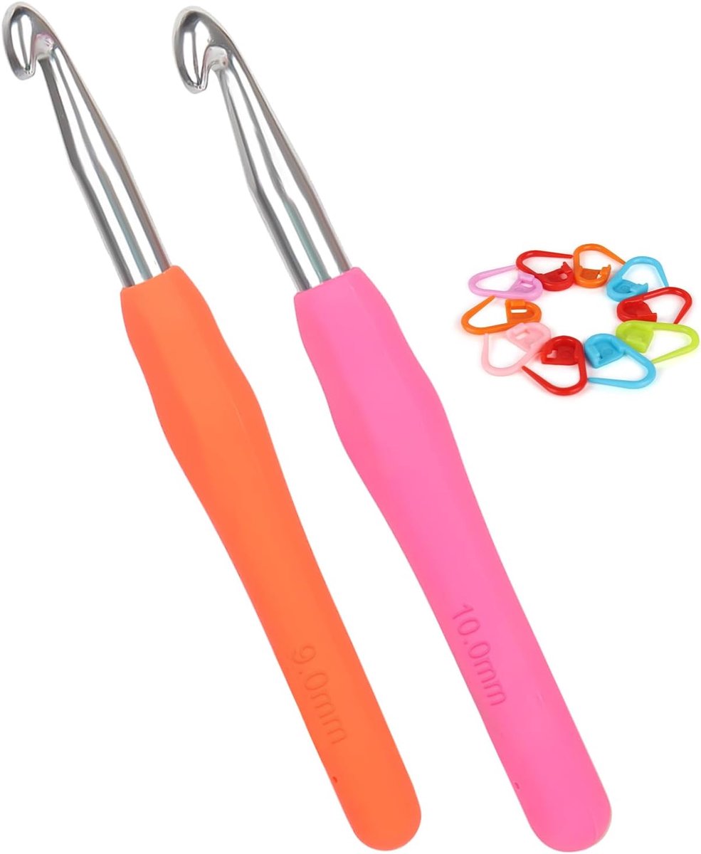 Breihaken 9,0 mm en 10 mm, set van 2 metalen met steekmarkering, ergonomische zachte handgreep voor artritische handen, kleurrijke TPR-handgreep voor beginners