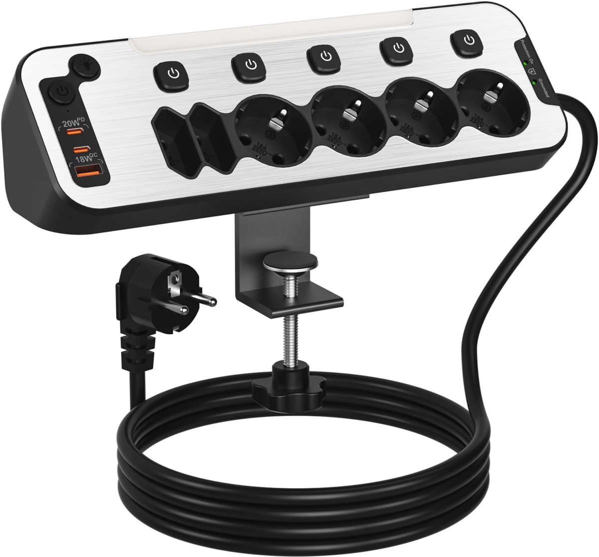 Bureau met Schakelaar,Stopcontact Splitter met USB PD20W Snel | 6 Voudig Stekkerblok met Overspanningsbeveiliging, Tafelstopcontact met Afneembare Desktop montagebeugel, 2M Kabel, Zwart