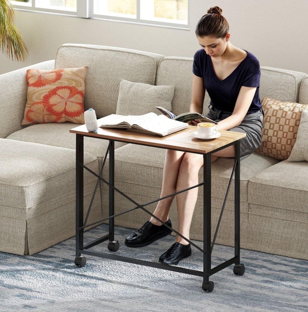 COVREO Bureau 80x40x75 cm eikenkleur, MDF met metalen frame en wielen