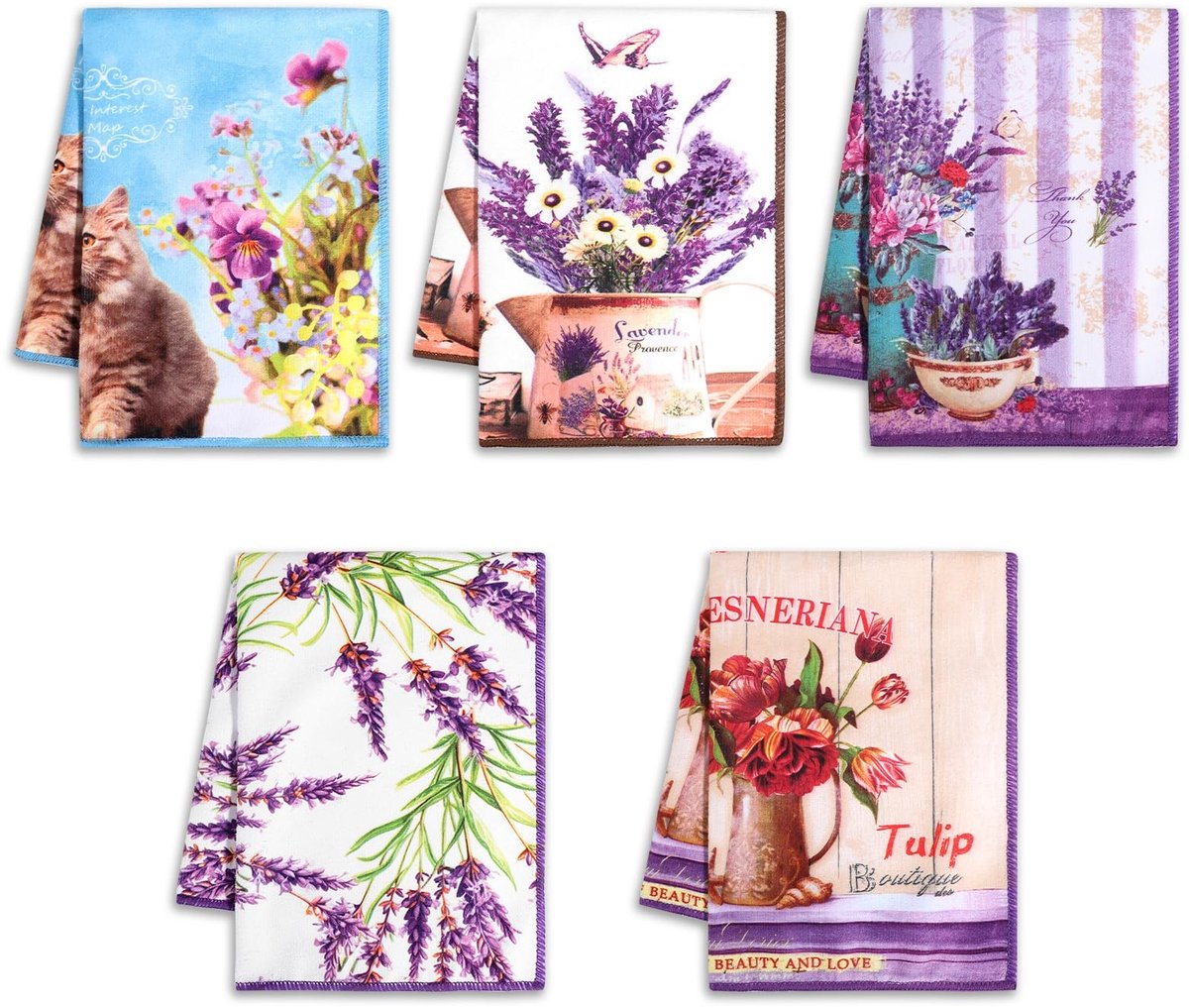 Omgoods - Set van 5 Microvezel Keukenhanddoeken met Schattige Motieven