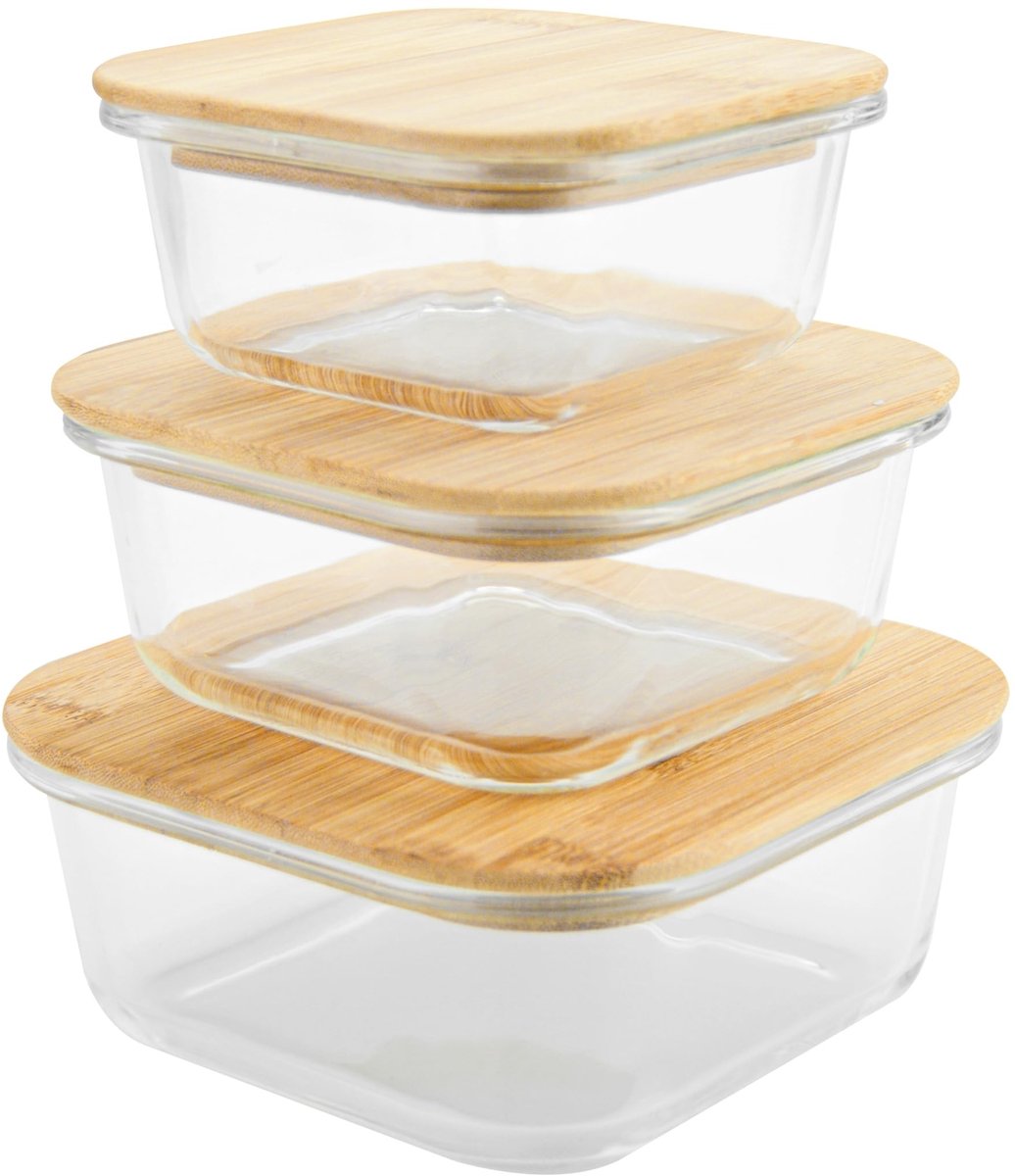 Omgoods - Set van 3 Glas Jars met Bamboe Deksel, Geschikt voor Magnetron en Vaatwasser