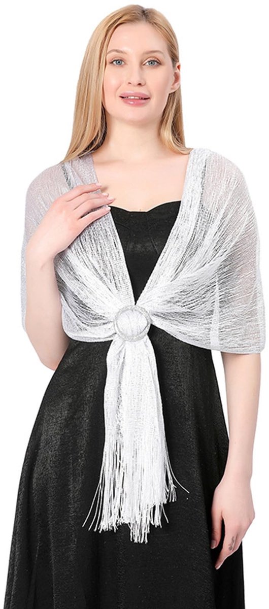 Elegante Glanzende Sjaal met Franje voor Vrouwen, Wit