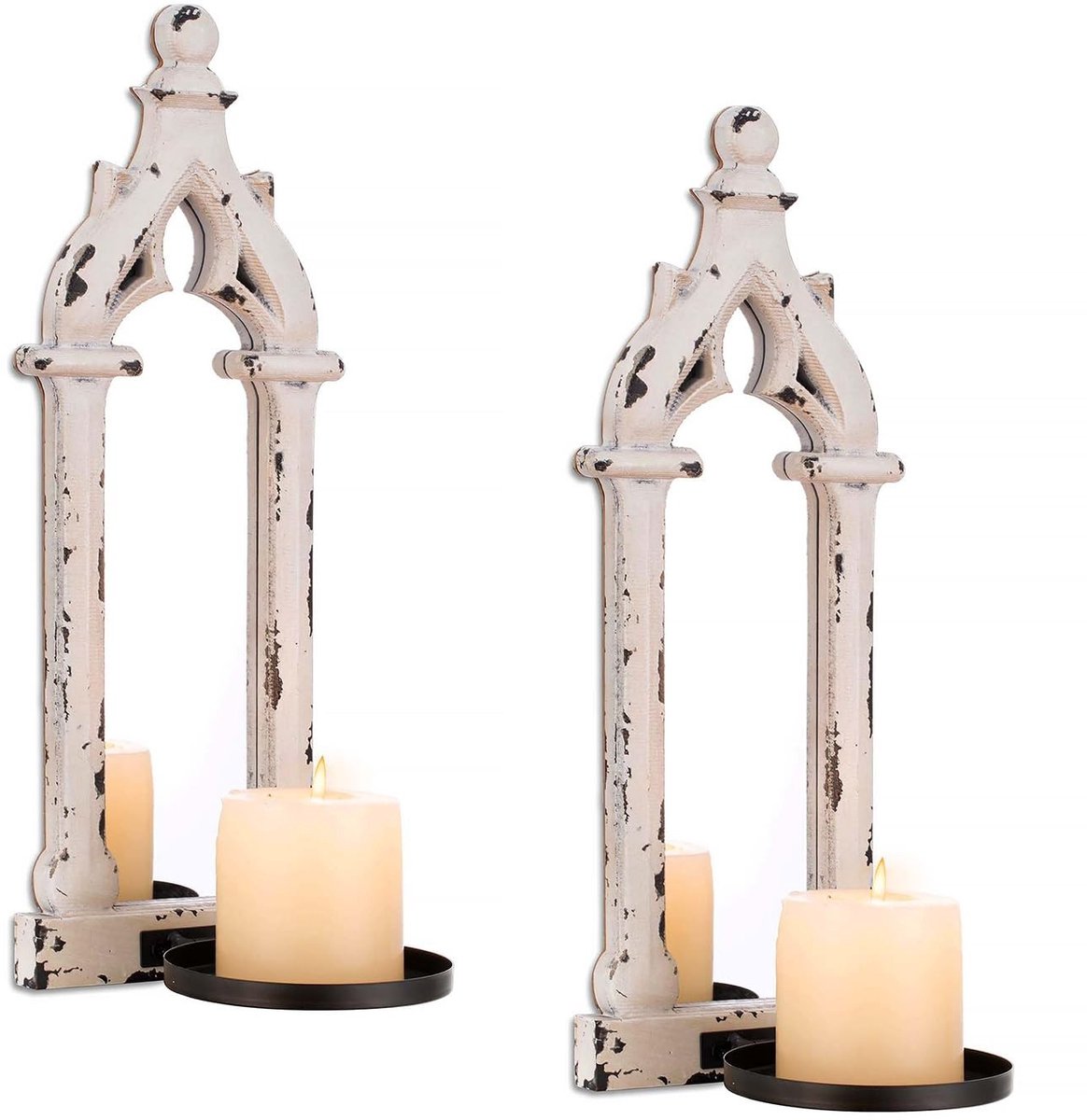 Omgoods - Set van 2 Vintage Wandkaarsenhouders Wit Hout
