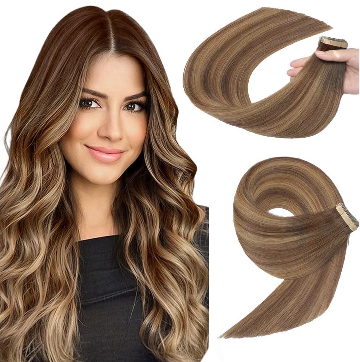 Omgoods - Tape Haar Extensions 20 Stuks 50cm Chocolade Bruin met Caramel Goud
