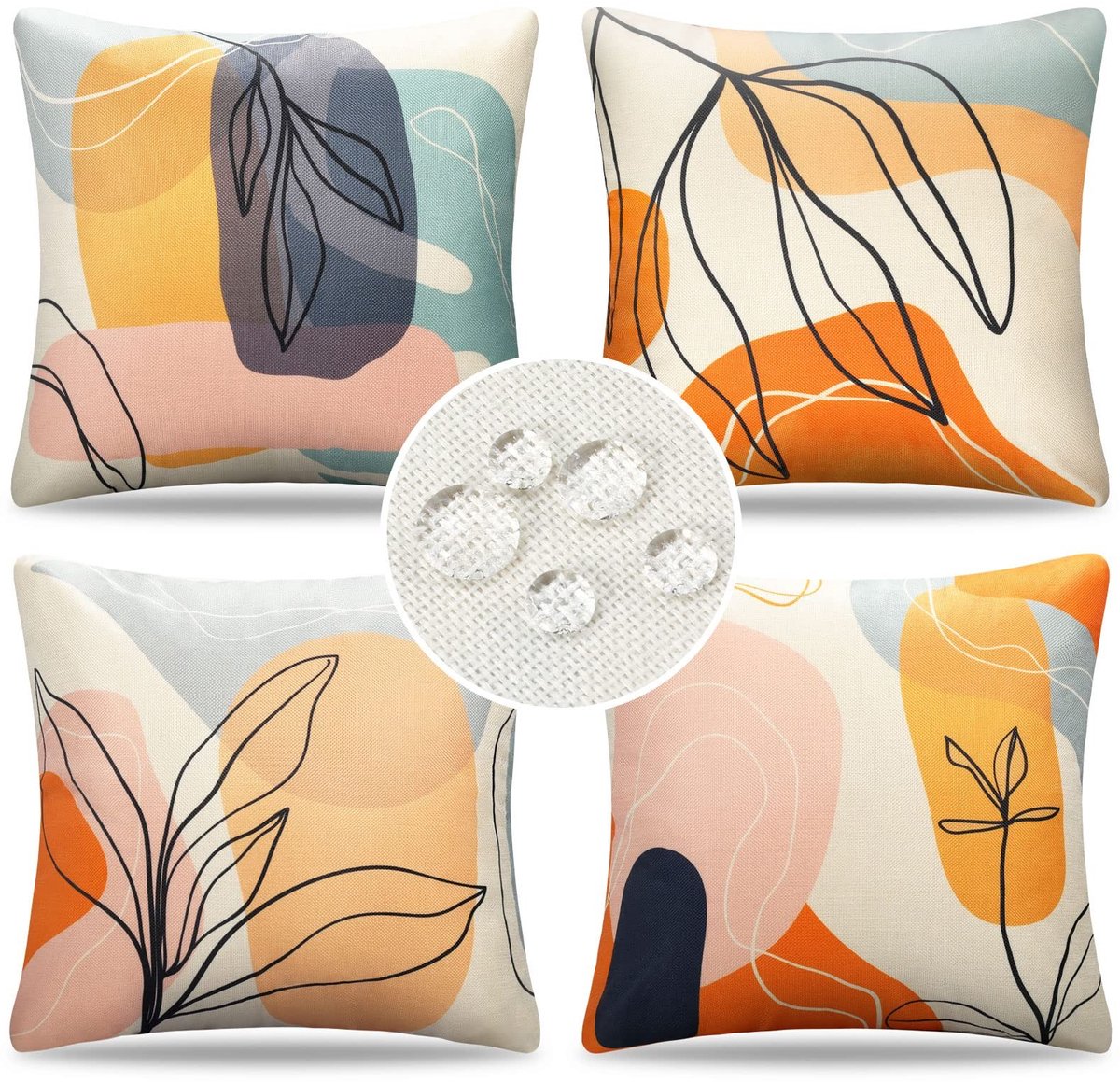 Omgoods - Set van 4 Boho Kussenhoezen 45 x 45 cm met Abstracte Bladerenprint