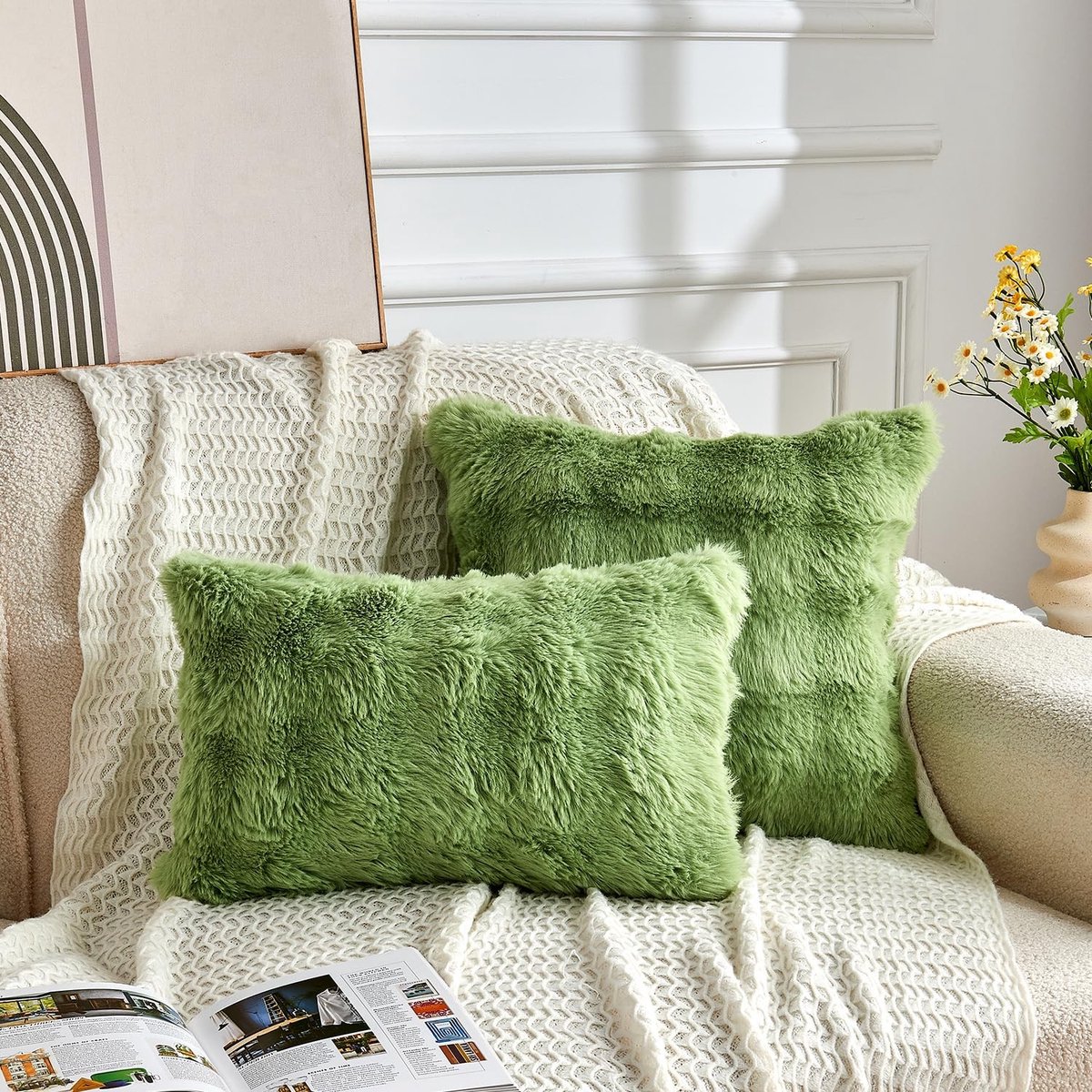 Omgoods - Set van 2 Fluffy Faux Fur Kussenslopen 30x50cm Groen