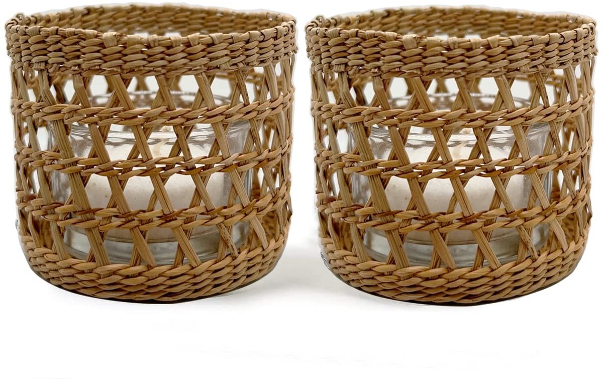 Omgoods - Set van 2 Rieten Theelicht Houder met Vintage Uiterlijk