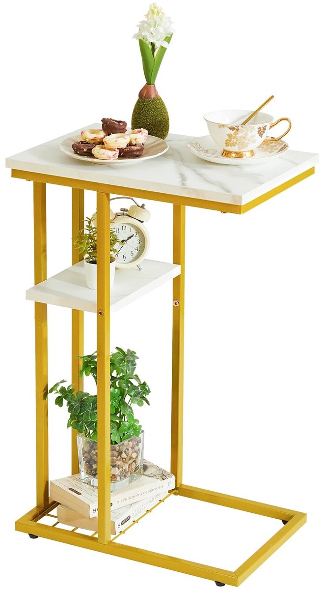 Omgoods - C-vormige Bijzettafel met Opslag en Marmerlook