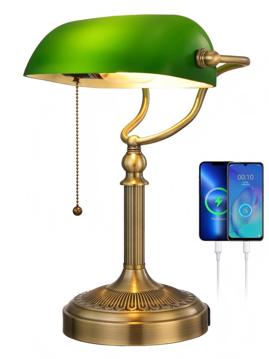 Omgoods - Bankiersbureaulamp met Groene Glas en USB Snellaadpoort