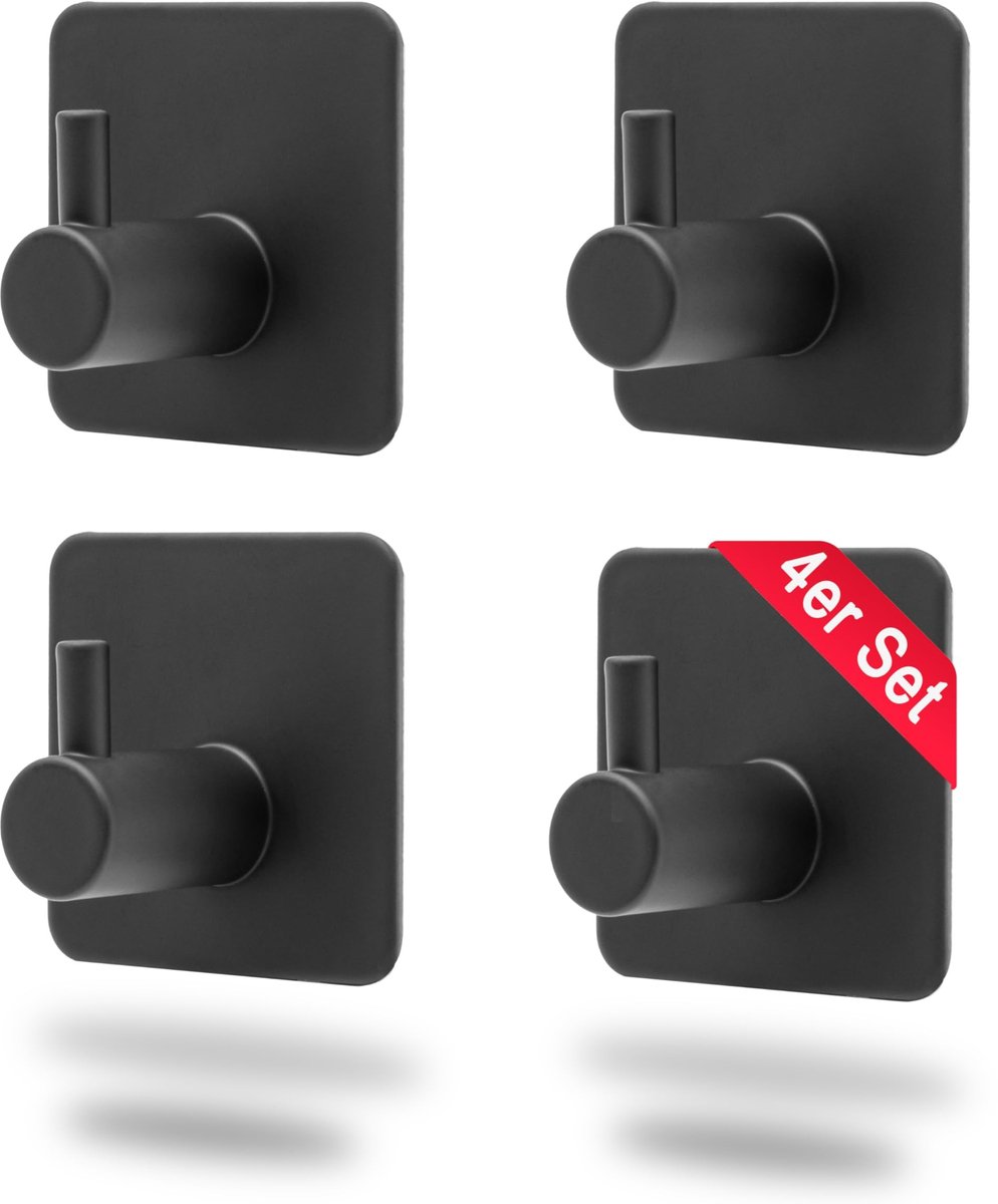 Omgoods - Set van 4 Zelfklevende Handdoekhaken voor Badkamer, Zwart