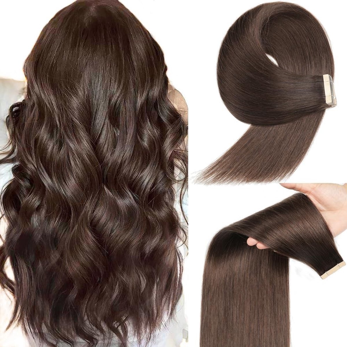 Omgoods - Tape Hair Extensions Real Hair 20pcs 50cm 50g Dark Brown Invisible Extensions