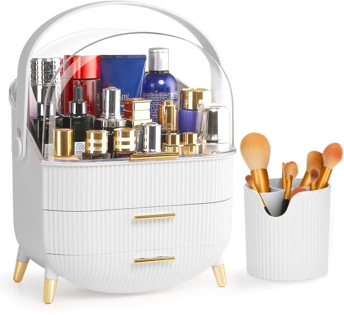 Omgoods - Make-up Organizer met Opbergbak en Borstelhouder, Duidelijke Deksel