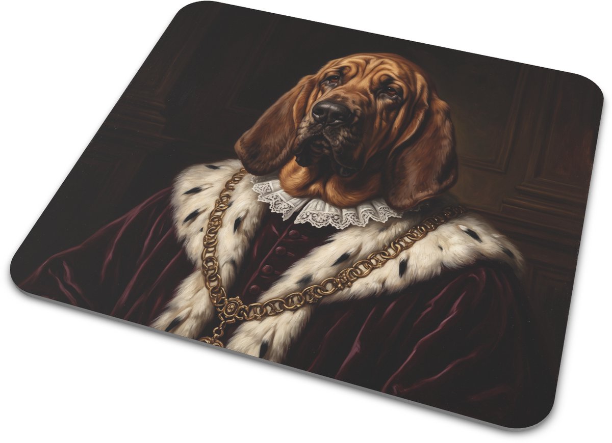Muismat Bloedhond Bloodhound Sint-Hubertushond Renaissance Schilderij Statige Hond in Bordeaux Fluweel en Hermelijn Bont Unieke Bureau Accessoire en Geschenk 22x20 cm