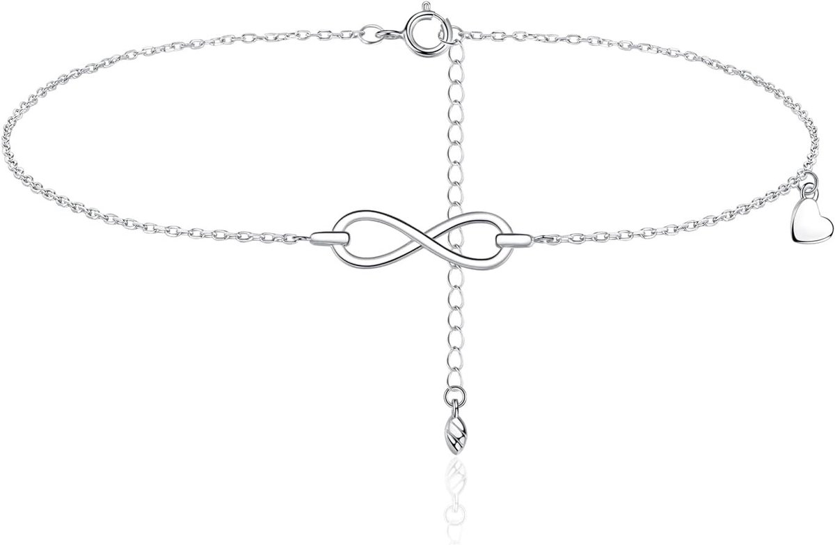 Elegante 925 Sterling Zilveren Enkele Enkelband met Hart en Bladeren - Verstelbare Waterdichte Enkelketting voor Zomer en Strand, 22 + 5 cm